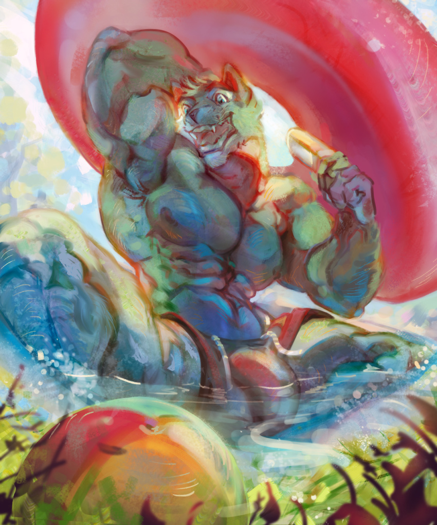 abs anthro athletic ball blue_eyes bulge canine clothed clothing digital_media_(artwork) esperpenta feline float food fur green_fur green_hair hair hybrid looking_at_viewer low-angle_view male mammal muscular muscular_male nipples open_mouth outside pecs pool_(disambiguation) popsicle sitting smile solo summer swimsuit tiger water wolf