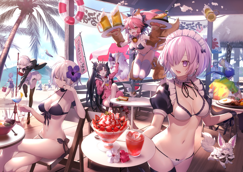 6+girls :d absurdres ahoge alternate_costume apron arm_up artoria_pendragon_(all) artoria_pendragon_(swimsuit_rider_alter) asterios_(fate/grand_order) beer_mug bikini black_gloves black_hair black_legwear blue_hair bow braid breasts bright_pupils closed_eyes commentary_request crossed_legs day detached_collar doll_joints elbow_gloves euryale eyebrows_visible_through_hair fangs fate/grand_order fate_(series) flower food fou_(fate/grand_order) fruit gilgamesh gloves hair_bow hair_flower hair_ornament hair_over_one_eye headpiece highres hood hoodie horns huge_filesize ishtar_(swimsuit_rider)_(fate) jack_the_ripper_(fate/apocrypha) jeanne_d'arc_(alter)_(fate) jeanne_d'arc_(fate)_(all) jeanne_d'arc_alter_santa_lily lancer large_breasts long_hair low_ponytail maid_bikini maid_headdress mash_kyrielight md5_mismatch medium_breasts mop mordred_(fate)_(all) mordred_(swimsuit_rider)_(fate) multiple_boys multiple_girls navel nursery_rhyme_(fate/extra) open_mouth outdoors palm_tree parfait paw_gloves paws pink_hair puffy_short_sleeves puffy_sleeves purple_eyes ribbon_trim sand_castle sand_sculpture shinooji short_hair short_sleeves side-tie_bikini silver_hair sitting small_breasts smile strawberry swimsuit tamamo_(fate)_(all) tamamo_cat_(fate) tattoo thighhighs tray tree twin_braids waist_apron wariza white_legwear white_pupils wrist_cuffs yellow_eyes
