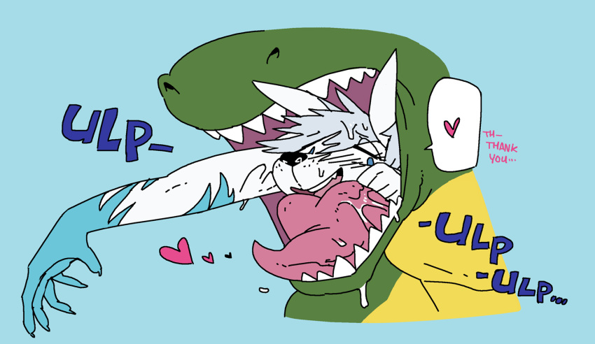 &lt;3 anthro canine dragon english_text fur green_skin mammal open_mouth shyguy9 simple_background sophie_(shyguy9) swallowing text vore white_fur