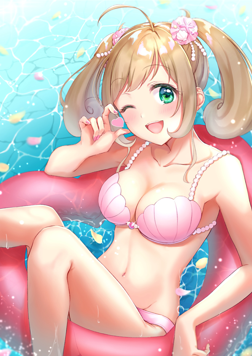 ;d ahoge anoa arm_up armpits bangs bare_arms bare_shoulders bikini breasts brown_hair cleavage collarbone day eyebrows_visible_through_hair green_eyes hair_ornament head_tilt heart highres idolmaster idolmaster_cinderella_girls innertube large_breasts looking_at_viewer nail_polish navel one_eye_closed open_mouth parted_bangs pearl petals petals_on_liquid pink_bikini pink_nails reclining satou_shin shell shiny shiny_hair short_hair sidelocks smile solo stomach swimsuit tareme twintails upper_teeth water wet