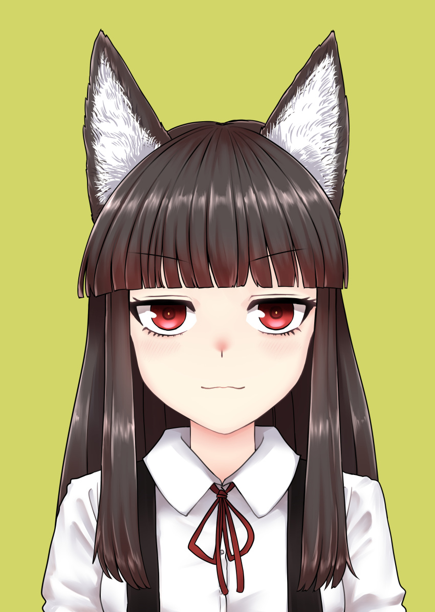 :3 absurdres animal_ears bangs blunt_bangs brown_hair closed_mouth collared_shirt commentary_request eyebrows_visible_through_hair fox_ears fox_girl grey_background highres inagaki_yoko long_hair looking_at_viewer neck_ribbon original red_eyes red_neckwear red_ribbon ribbon shirt simple_background smile smug solo suspenders toluda upper_body virtual_youtuber white_shirt wing_collar