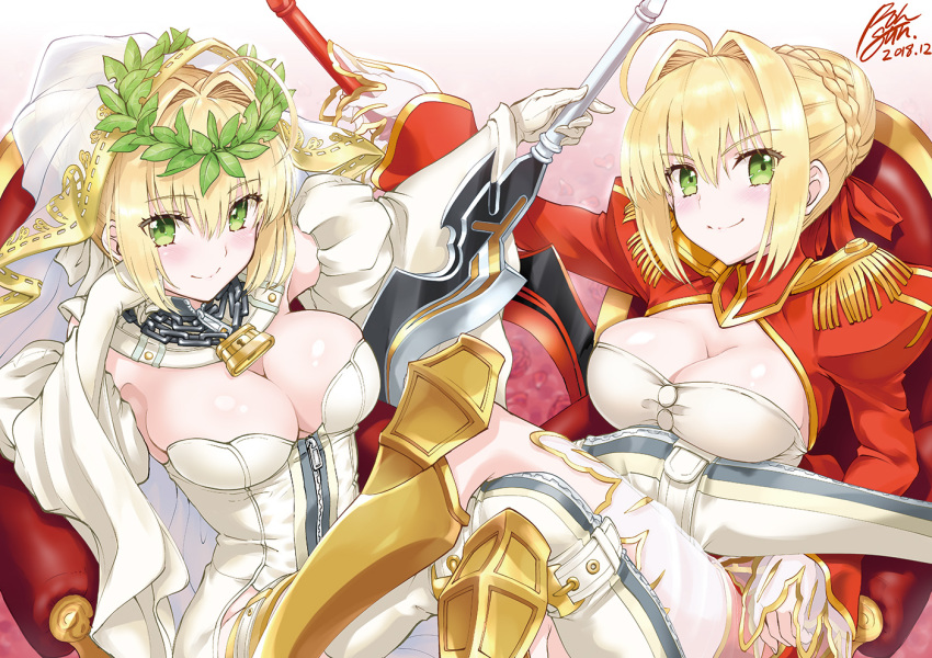 2girls aestus_estus ahoge belt blonde_hair blush bodysuit braid breasts bridal_veil chains cleavage commentary_request couch dated dress eyebrows_visible_through_hair fate/extra fate/extra_ccc fate/grand_order fate_(series) french_braid full-length_zipper green_eyes hair_between_eyes hair_bun hair_intakes head_wreath holding holding_sword holding_weapon large_breasts leotard lock long_hair looking_at_viewer loose_belt multiple_girls nero_claudius_(bride)_(fate) nero_claudius_(fate) nero_claudius_(fate)_(all) olympian_bloomers padlock red_dress rohgun see-through signature sitting sleeves_past_wrists smile strapless strapless_leotard sword veil weapon white_bodysuit white_leotard white_sleeves wide_sleeves zipper