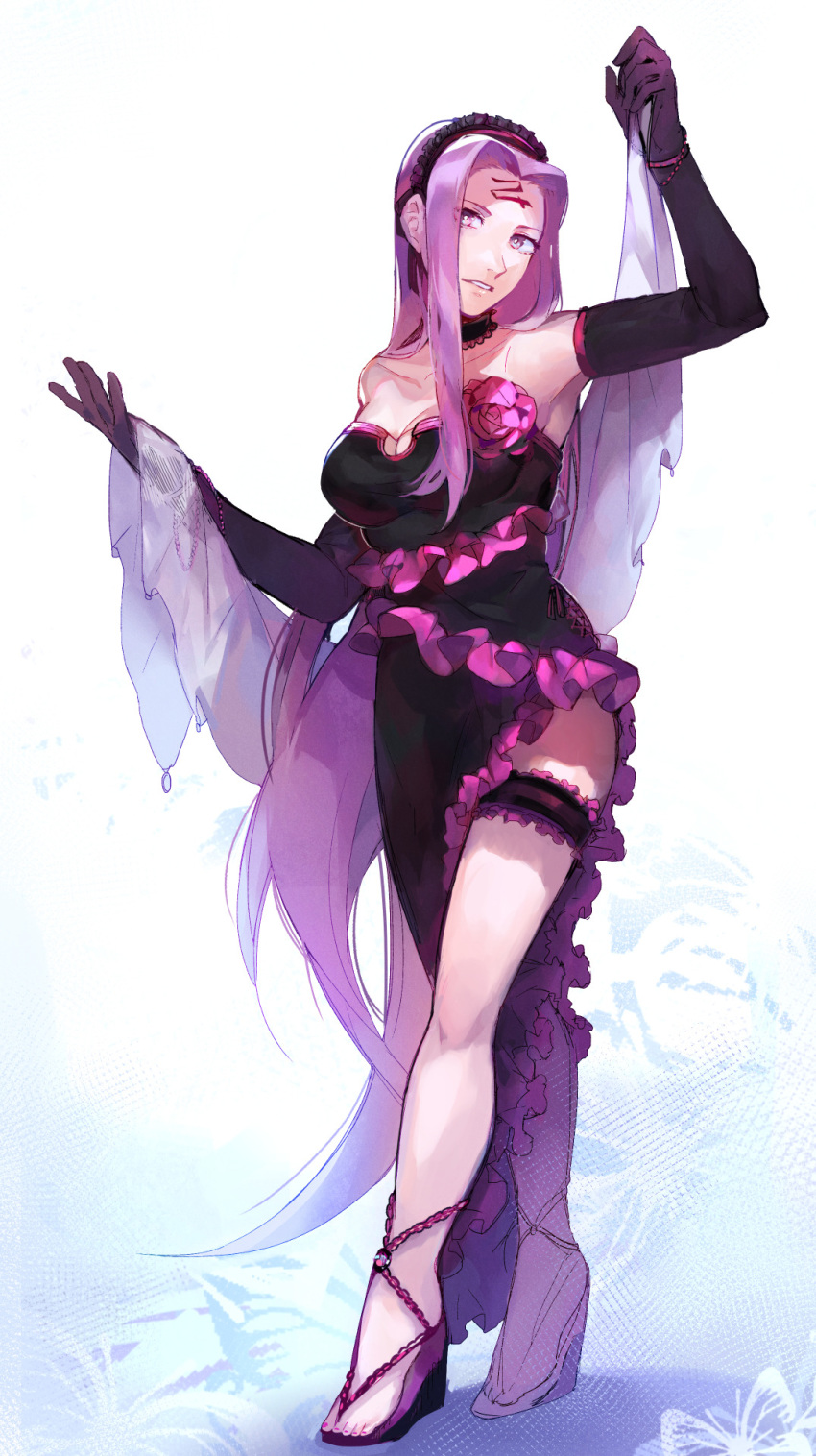 armpits bangs bare_shoulders black_dress black_gloves breasts bright_pupils cleavage dress elbow_gloves facial_mark fate/stay_night fate_(series) flower forehead_mark frilled_hairband frills full_body gloves hairband hands_up highres idk-kun large_breasts leg_garter light_smile long_dress long_hair looking_at_viewer parted_bangs parted_lips pink_flower pink_rose purple_eyes purple_hair rider rose smile solo standing very_long_hair white_background