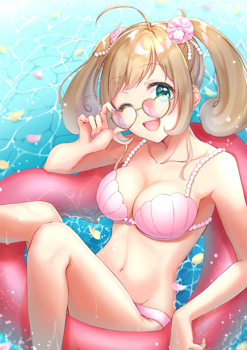 ;d adjusting_eyewear ahoge anoa arm_up armpits bangs bare_arms bare_shoulders bikini breasts brown_hair cleavage collarbone commentary_request day eyebrows_visible_through_hair glint green_eyes hair_ornament head_tilt heart heart-shaped_eyewear highres idolmaster idolmaster_cinderella_girls innertube large_breasts looking_at_viewer nail_polish navel one_eye_closed open_mouth parted_bangs pearl petals petals_on_liquid pink_bikini pink_nails reclining satou_shin shell shiny shiny_hair short_hair sidelocks smile solo stomach sunglasses swimsuit tareme twintails upper_teeth water wet