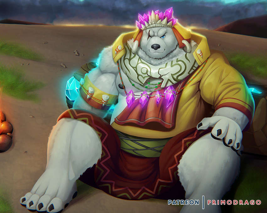 2018 anthro bear belly clothed clothing crushfang_(sdorica_sunset) fur male mammal nipples overweight overweight_male polar_bear primodrago scar sdorica_sunset sitting solo white_fur