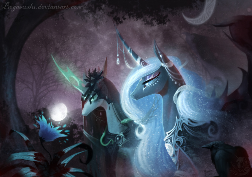 2018 armor begasuslu changeling duo equine feathered_wings feathers female feral friendship_is_magic hair helmet horn jewelry mammal moon my_little_pony necklace night nightmare_moon_(mlp) outside queen_chrysalis_(mlp) royalty tree winged_unicorn wings