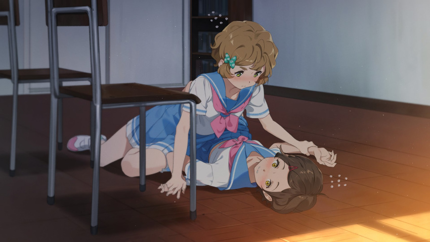 blush chair classroom commentary_request flying_sweatdrops girl_on_top hair_ornament hairclip hibike!_euphonium highres holding_hands kamo_kamen katou_hazuki kawashima_sapphire multiple_girls neckerchief on_floor pink_neckwear school school_chair school_uniform serafuku shoes short_hair skirt thick_eyebrows uwabaki wrist_grab yuri