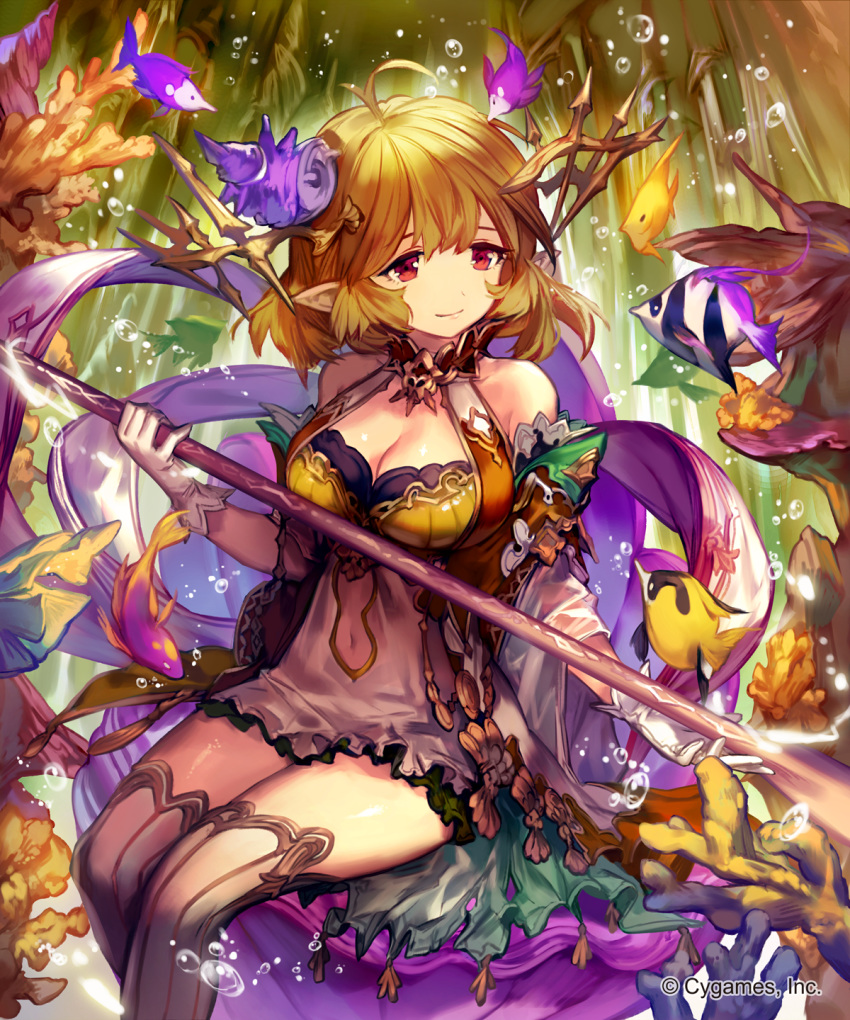 ahoge air_bubble blonde_hair braid breasts bubble clam clam_shell cleavage coral gloves grey_legwear hair_ornament highres holding holding_staff lee_hyeseung long_hair medium_breasts official_art pointy_ears red_eyes seashell seashell_hair_ornament shell shingeki_no_bahamut sitting staff thighhighs tropical_fish twin_braids underwater watermark white_gloves