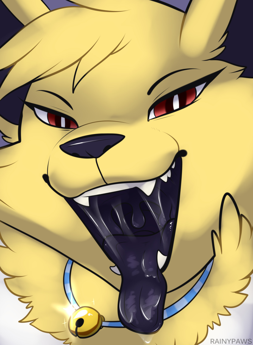 ambiguous_gender digital_drawing_(artwork) digital_media_(artwork) eeveelution fan_character fur jewelry jolteon mouth_shot necklace nintendo open_mouth pok&eacute;mon pok&eacute;mon_(species) rainypaws red_eyes saliva solo teeth tongue tongue_out video_games yellow_fur