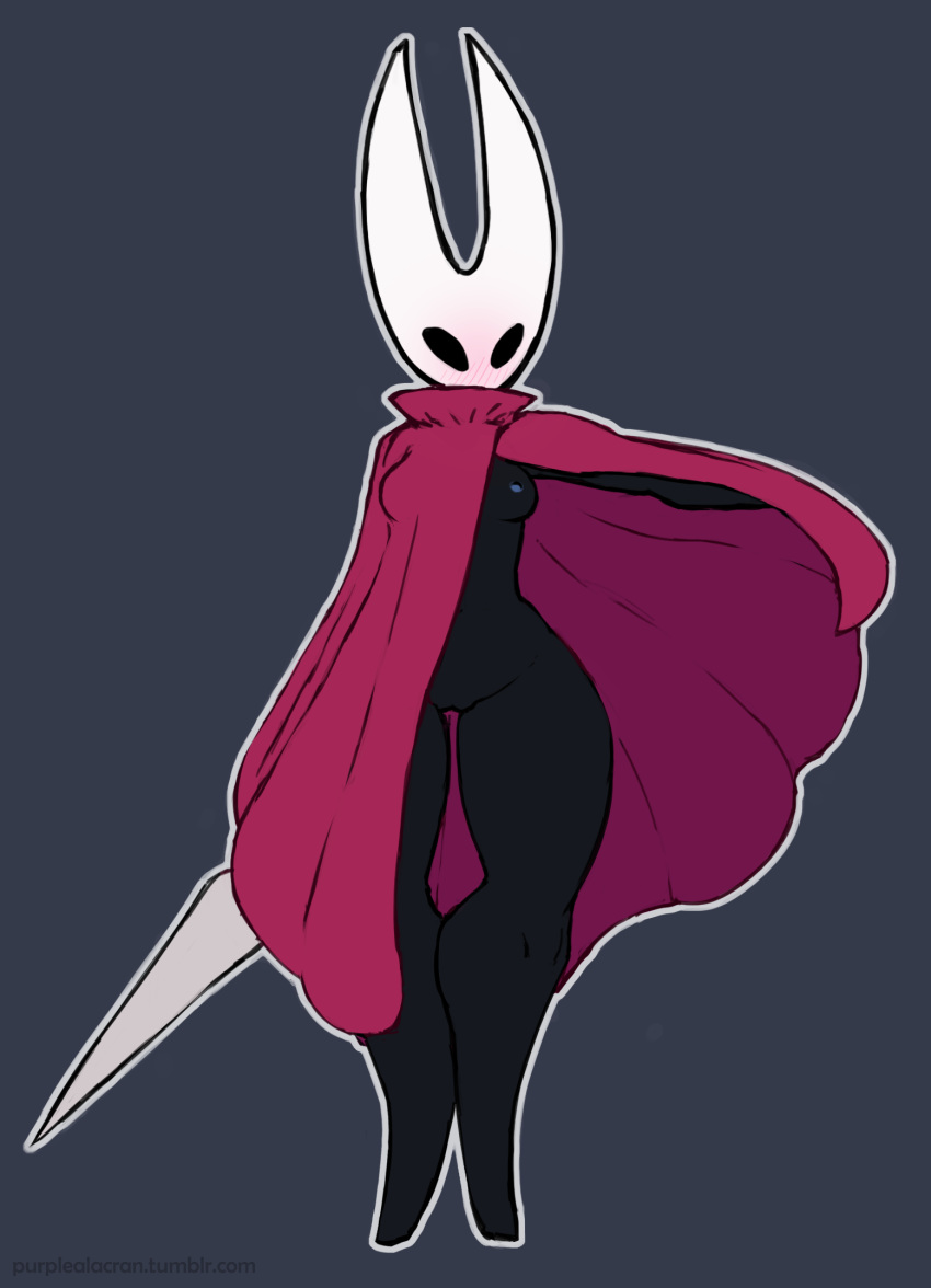 black_eyes blush breasts cloak clothed clothing dark_skin female flashing hollow_knight hollow_knight_(species) hornet_(hollow_knight) melee_weapon nipples partially_clothed purplealacran pussy solo thick_thighs weapon