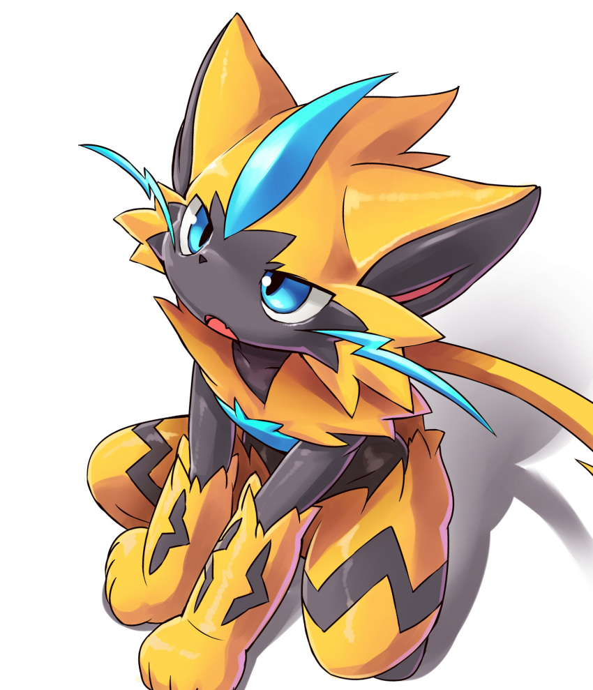 2018 ambiguous_gender anthro black_fur blue_eyes cdx cute fur kneeling nintendo nude open_mouth pok&eacute;mon pok&eacute;mon_(species) simple_background solo video_games white_background yellow_fur zeraora