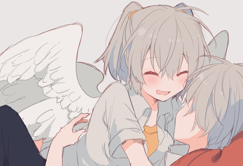 angel angel_chromosome_xx anthropomorphism blush close gray_hair hug ikeuchi_tanuma male neon_genesis_evangelion short_hair sketch tabris tabris-xx twintails waifu2x wings