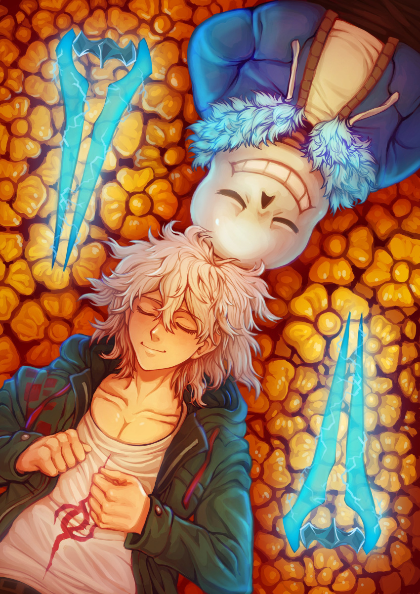 2boys absurdres belt blue_jacket clenched_hands coat crossover danganronpa daxratchet electricity energy_sword eyebrows_visible_through_hair eyes_closed flower flower_bed fur_trim glowing green_coat grin halo_(game) hands_in_pockets highres hood hood_down jacket komaeda_nagito lying male_focus meme messy_hair multiple_boys on_back on_ground open_clothes open_coat sans skeleton smile super_danganronpa_2 sword undertale weapon white_hair
