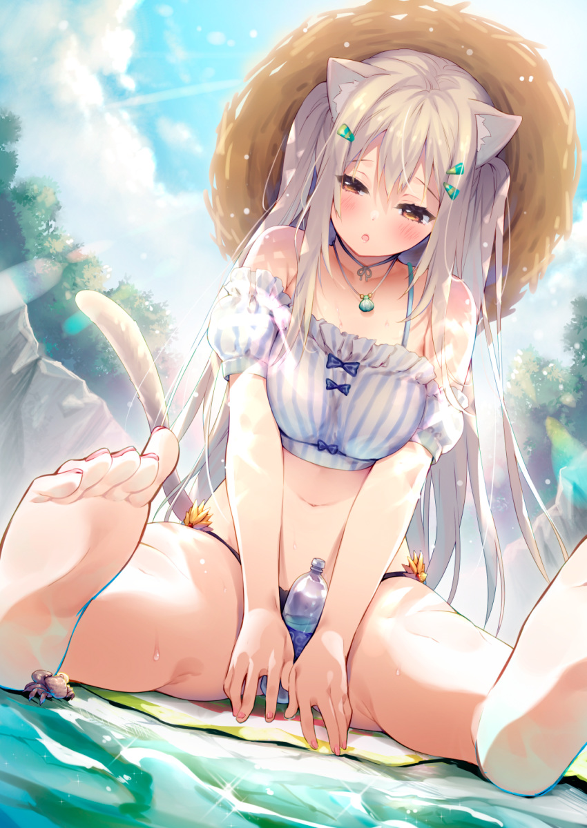 :o animal_ears bangs bare_shoulders barefoot bikini_bottom blush breasts brown_eyes cat_ears cat_girl cat_tail choker cloud cocoa_(cafe-hotcocoa) commentary crab crop_top day detached_sleeves feet hair_between_eyes hair_ornament hat highres jewelry long_hair medium_breasts navel open_mouth original outdoors pendant sidelocks sitting sky soles solo sparkle straw_hat sunlight swimsuit tail toenails tree white_hair