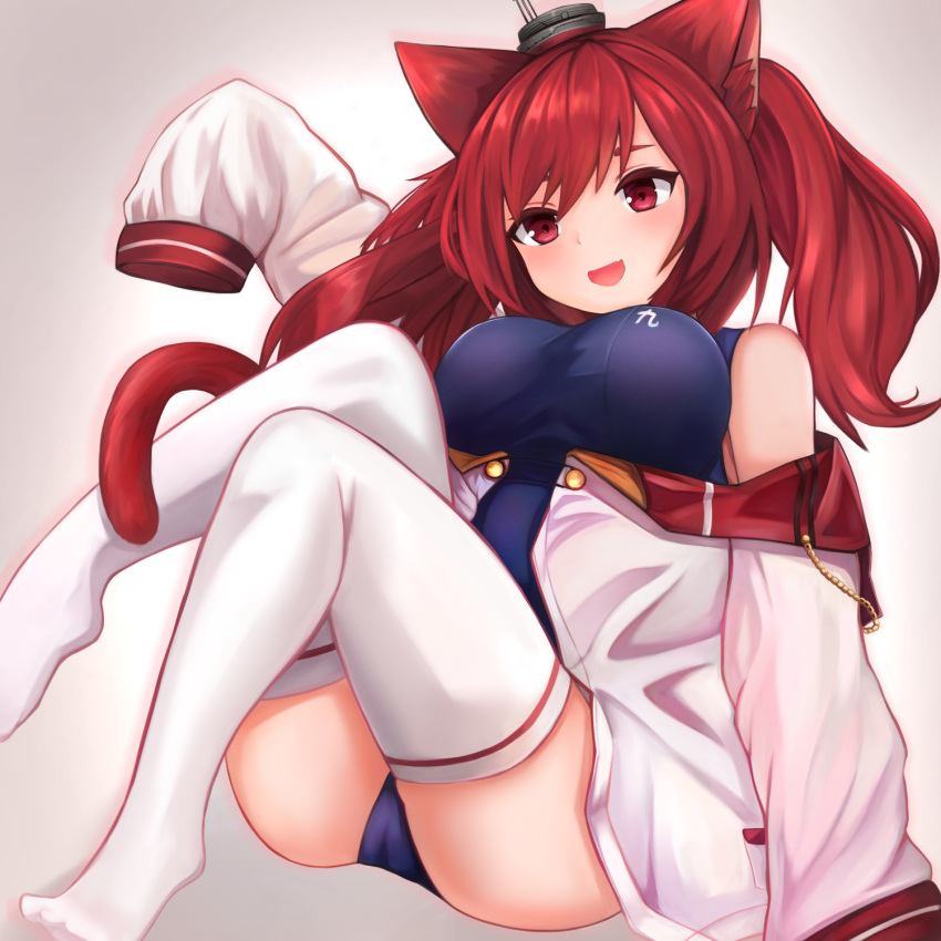 :d animal_ears azur_lane bangs bare_shoulders blue_swimsuit cat_ears cat_girl cat_tail gradient gradient_background highres i-19_(azur_lane) long_hair long_sleeves no_shoes one-piece_swimsuit open_mouth red_eyes red_hair ryara_vivi school_swimsuit sitting sleeves_past_fingers sleeves_past_wrists smile solo swept_bangs swimsuit tail thighhighs thighs twintails white_legwear