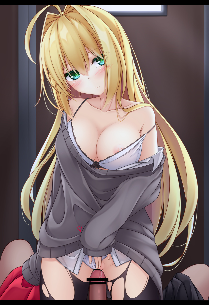 absurdres ahoge blonde_hair blush bra breasts cardigan censored dress_shirt eyes_visible_through_hair fate/extra fate/grand_order fate_(series) green_eyes hair_intakes highres letterboxed long_hair looking_at_viewer medium_breasts nero_claudius_(fate) nero_claudius_(fate)_(all) nipples no_pants off_shoulder panties panties_aside pantyhose penis pussy_juice shirt solo_focus strap_pull torn_clothes torn_legwear underwear white_bra white_panties yoye_(pastel_white)