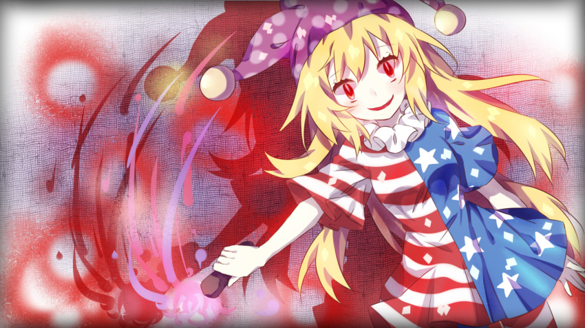 american_flag_dress american_flag_legwear blonde_hair breasts chinese_commentary clownpiece commentary_request cowboy_shot dress eyebrows_visible_through_hair guozimiao hair_between_eyes hat highres holding holding_torch jester_cap long_hair looking_at_viewer neck_ruff open_mouth pantyhose polka_dot_hat purple_hat red_eyes shadow short_dress short_sleeves small_breasts smile solo star star_print striped striped_dress striped_legwear torch touhou very_long_hair