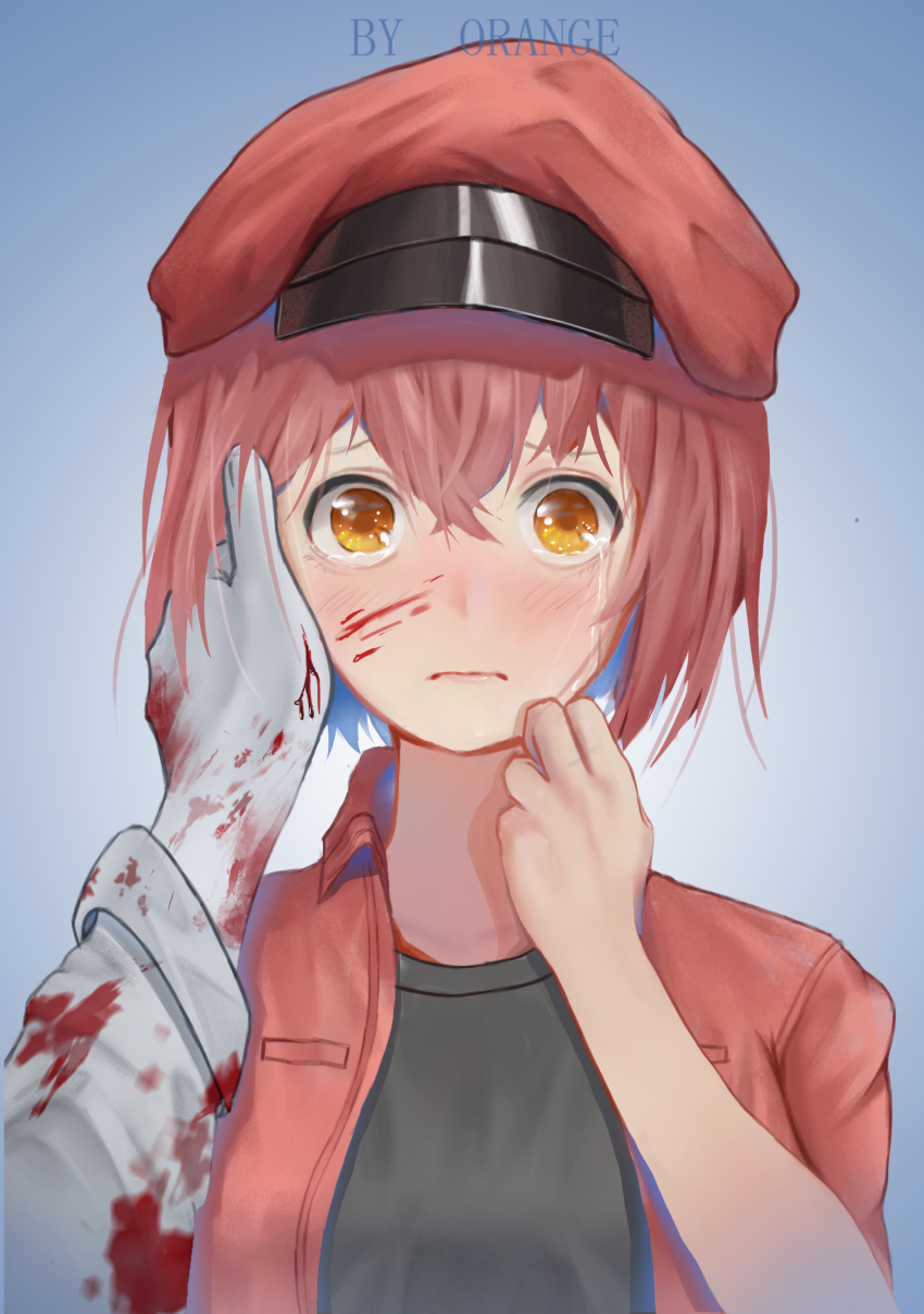1girl absurdres ae-3803 artist_name black_shirt blood blood_on_face bloody_clothes bloody_hands blue_background blush breasts cabbie_hat crying crying_with_eyes_open gradient gradient_background hand_on_another's_cheek hand_on_another's_face hat hataraku_saibou highres jacket orange_(23898602) orange_eyes out_of_frame pov red_blood_cell_(hataraku_saibou) red_hair red_jacket shirt short_hair simple_background small_breasts tears u-1146 upper_body white_blood_cell_(hataraku_saibou)
