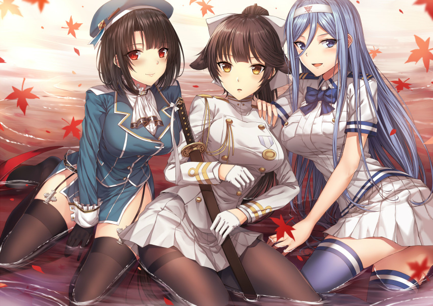 aiguillette animal_ears aoki_hagane_no_arpeggio ascot azur_lane bangs beret black_gloves black_hair black_legwear blue_eyes blue_hair blue_legwear blue_ribbon blue_skirt blush bow breast_pocket breasts brown_eyes choker collared_shirt commentary crossover dog_ears eyebrows_visible_through_hair garter_straps girl_sandwich gloves hair_between_eyes hair_bow hair_ears hair_flaps hairband half_gloves hat highres holding holding_sword holding_weapon jacket kantai_collection katana large_breasts leaf leaves_in_wind long_hair looking_at_viewer luzi medium_breasts military military_uniform miniskirt mole mole_under_mouth multiple_girls namesake neck_ribbon open_mouth pantyhose partially_submerged pelvic_curtain pleated_skirt pocket ponytail red_eyes ribbon ripples sandwiched sheath sheathed shirt short_hair short_sleeves side_slit sidelocks sitting skirt smile sword takao_(aoki_hagane_no_arpeggio) takao_(azur_lane) takao_(kantai_collection) thighband_pantyhose thighhighs thighs uniform very_long_hair weapon white_bow white_gloves white_neckwear white_skirt yokozuwari