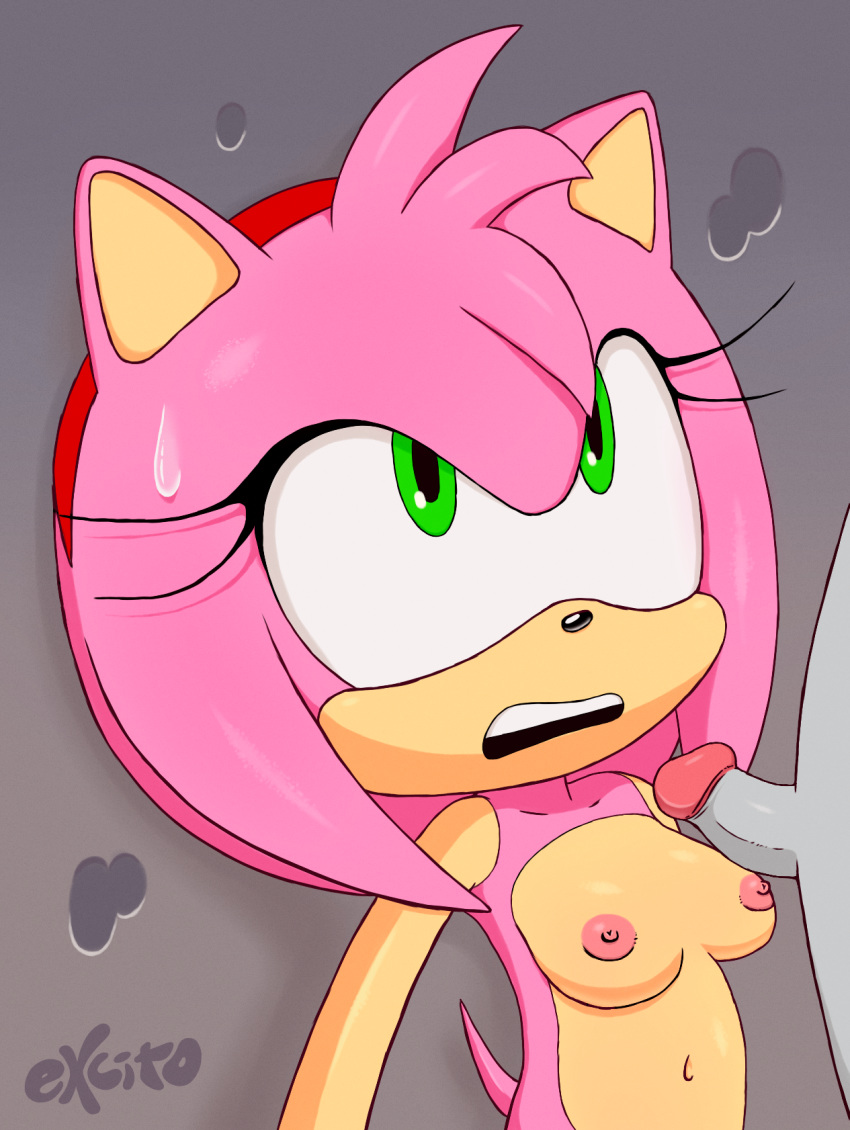 against_wall amy_rose anthro breasts duo excito faceless_male female female_focus hedgehog humanoid_penis male male/female mammal navel nude penis silver_the_hedgehog small_penis solo_focus sonic_(series) sweat