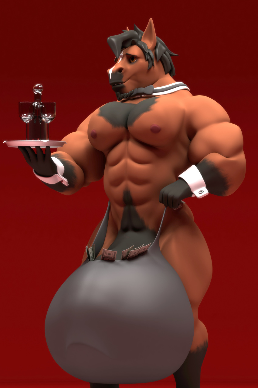 3d_(artwork) alcohol anthro anthroanim beverage black_hair bow_tie bulge clothing digital_media_(artwork) equine hair holding_object hyper hyper_bulge male mammal muscular muscular_male nipples plate sebastian_horse simple_background solo standing