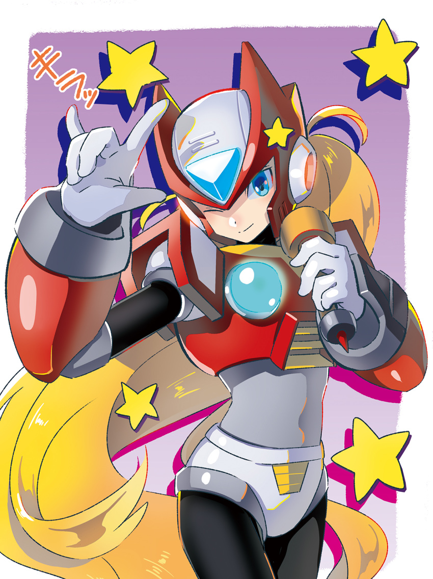 androgynous android blonde_hair blue_eyes capcom covered_navel cowboy_shot gloves hand_gesture head_tilt helmet highres horns_pose long_hair male_focus one_eye_closed robot rockman rockman_x simple_background solo star sumomo very_long_hair white_gloves zero_(rockman)