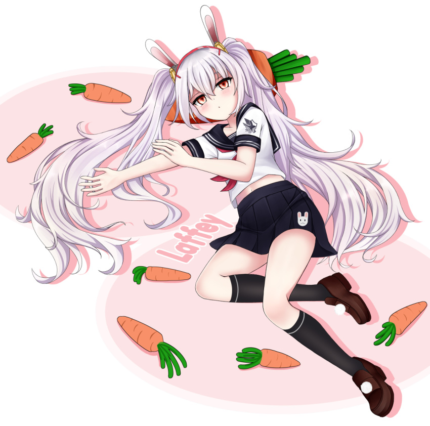 animal_ears azur_lane bangs black_legwear black_sailor_collar black_skirt blush brown_footwear bunny_ears carrot carrot_pillow character_name closed_mouth commentary hair_between_eyes hair_ornament hairband kneehighs laffey_(azur_lane) loafers long_hair looking_at_viewer lying neckerchief on_side paaam pillow pleated_skirt red_eyes red_hairband red_neckwear sailor_collar school_uniform serafuku shirt shoes short_sleeves silver_hair skirt solo twintails very_long_hair white_shirt