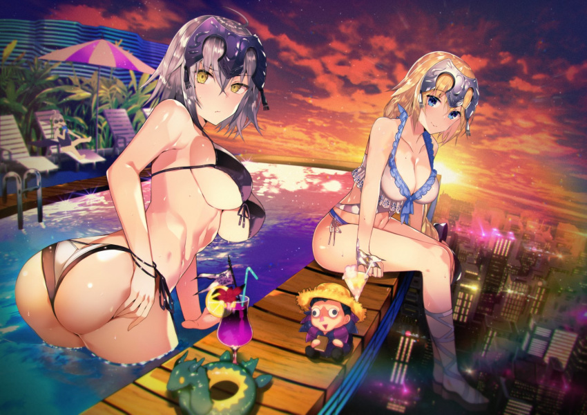 ahoge ass bangs banned_artist bikini blonde_hair blue_eyes blush braid breasts butt_crack caster_(fate/zero) chair cityscape cleavage closed_mouth collarbone commentary_request evening eyebrows_visible_through_hair fate/grand_order fate_(series) gilles_de_rais_(fate/grand_order) hand_on_own_ass headpiece highres jeanne_d'arc_(alter)_(fate) jeanne_d'arc_(fate) jeanne_d'arc_(fate)_(all) jeanne_d'arc_alter_santa_lily large_breasts leaning_forward long_hair looking_at_viewer looking_back lounge_chair medium_breasts multiple_girls navel outdoors pool sandals shiny shiny_skin short_hair sidelocks silver_hair single_braid sitting sky smile sparkle star_(sky) starry_sky stomach stuffed_toy swimsuit tetsubuta very_long_hair yellow_eyes