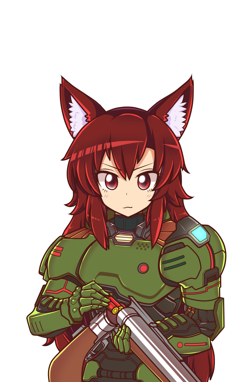 absurdres blush closed_mouth cosplay doom_(game) doomguy doomguy_(cosplay) eyebrows_visible_through_hair gun highres holding holding_gun holding_weapon imaizumi_kagerou long_hair looking_at_viewer majormilk power_armor red_eyes red_hair shotgun shotgun_shells smile solo touhou upper_body weapon wool_(miwol)_(style)