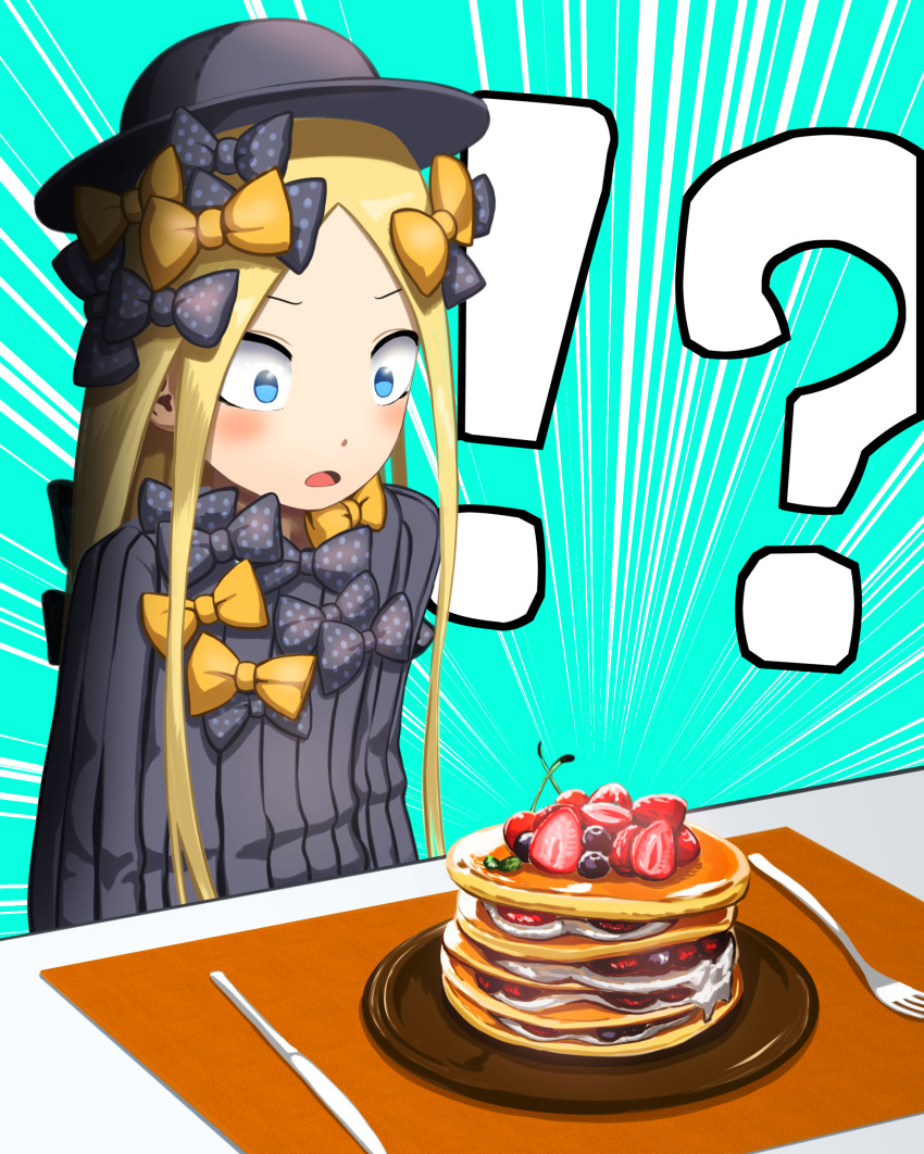 1girl abigail_williams_(fate/grand_order) absurdres bangs black_bow black_dress black_hat blonde_hair blue_eyes blueberry blush bow cherry commentary_request dress emphasis_lines fate/grand_order fate_(series) food forehead fork fruit hair_bow hat highres knife long_hair long_sleeves looking_away open_mouth orange_bow pancake parted_bangs plate polka_dot polka_dot_bow sanbe_futoshi sidelocks solo stack_of_pancakes strawberry very_long_hair wide-eyed