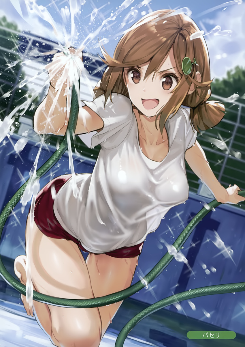 :d absurdres banned_artist bare_legs barefoot blurry blurry_background breasts brown_eyes brown_hair collarbone day depth_of_field hair_ornament highres hose looking_at_viewer low_twintails medium_breasts medium_hair melonbooks open_mouth outdoors paseri pool scan see-through_silhouette shirt short_shorts short_twintails shorts sidelocks smile solo standing standing_on_one_leg t-shirt twintails v-shaped_eyebrows water wet wet_clothes wet_shirt