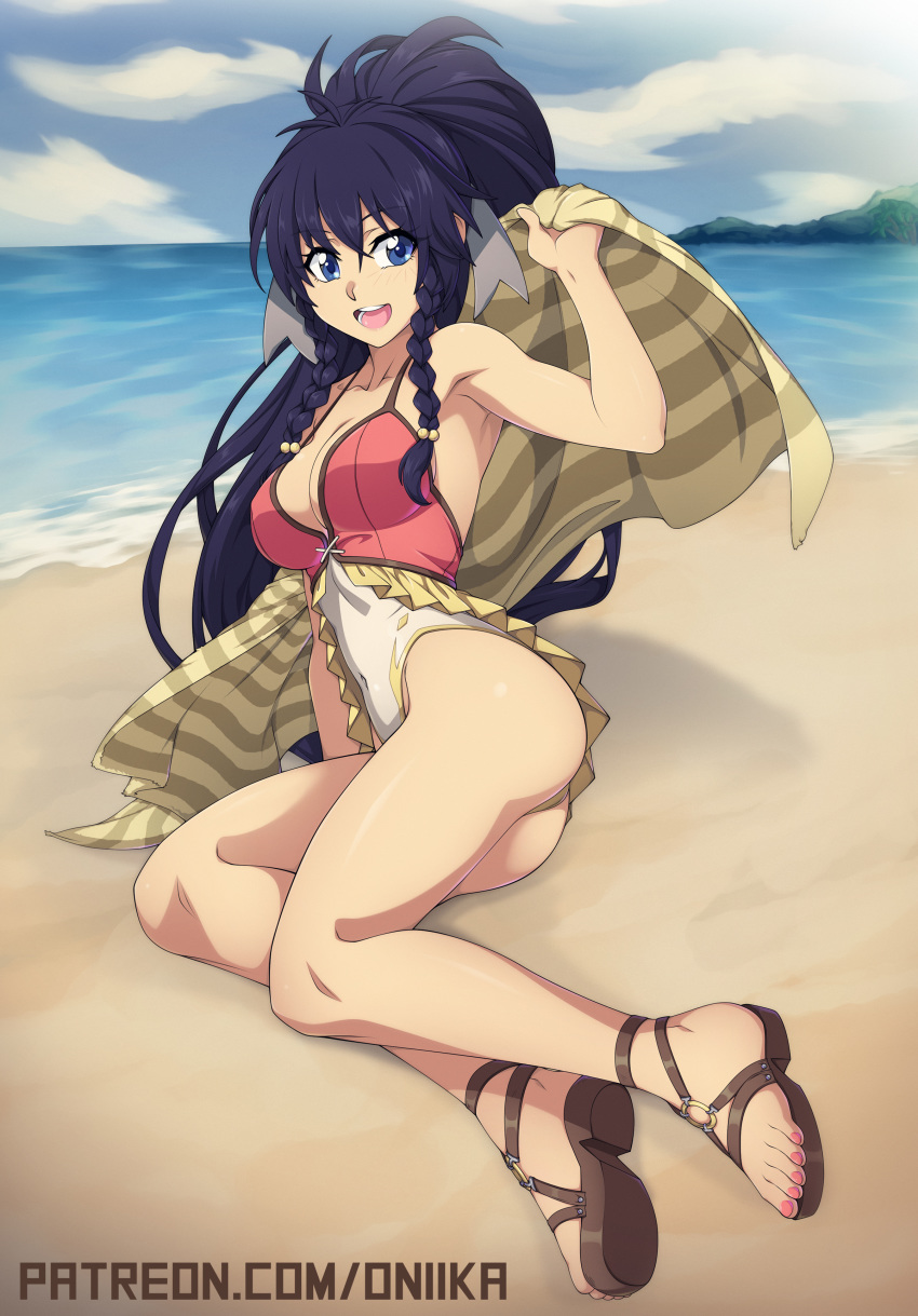 absurdres antenna_hair armpits ass beach black_hair blue_eyes braid breasts cleavage commentary covered_navel day english_commentary fire_emblem fire_emblem:_seima_no_kouseki fire_emblem_heroes full_body highleg highleg_swimsuit highres long_hair lying medium_breasts o-ring ocean on_side open_mouth patreon_username sandals side_braids smile solo spike_wible strap_gap swimsuit tana toenail_polish toes towel twin_braids