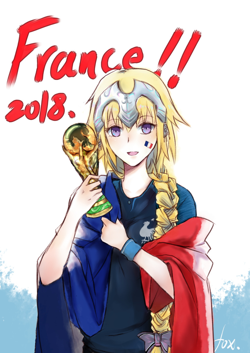 1girl 2018_fifa_world_cup alternate_costume bangs blonde_hair blue_eyes bracelet braid eyebrows_visible_through_hair fate/grand_order fate_(series) flag france french_flag hair_over_shoulder headpiece highres holding jeanne_d'arc_(fate) jeanne_d'arc_(fate)_(all) jewelry long_braid long_hair looking_at_viewer open_mouth simple_background single_braid smile soccer soccer_uniform solo sportswear text_focus trophy very_long_hair world_cup yano_senyuki