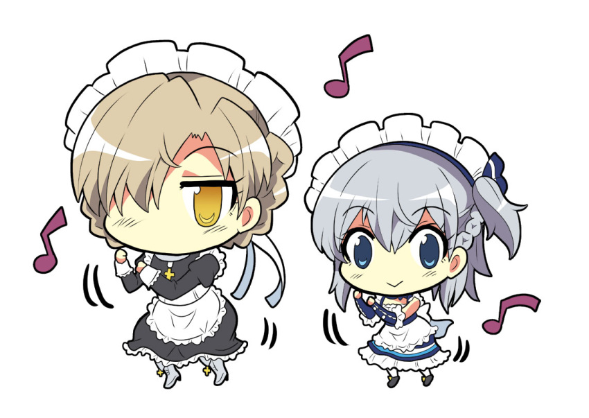 :&gt; apron azur_lane belchan_(azur_lane) belfast_(azur_lane) blonde_hair blue_eyes boots braid chibi colonel_aki comic commentary dancing detached_collar detached_sleeves french_braid grey_hair hair_between_eyes hair_over_one_eye hair_ribbon looking_at_viewer maid maid_apron maid_headdress multiple_girls musical_note ribbon sheffield_(azur_lane) side_ponytail smile white_background yellow_eyes younger