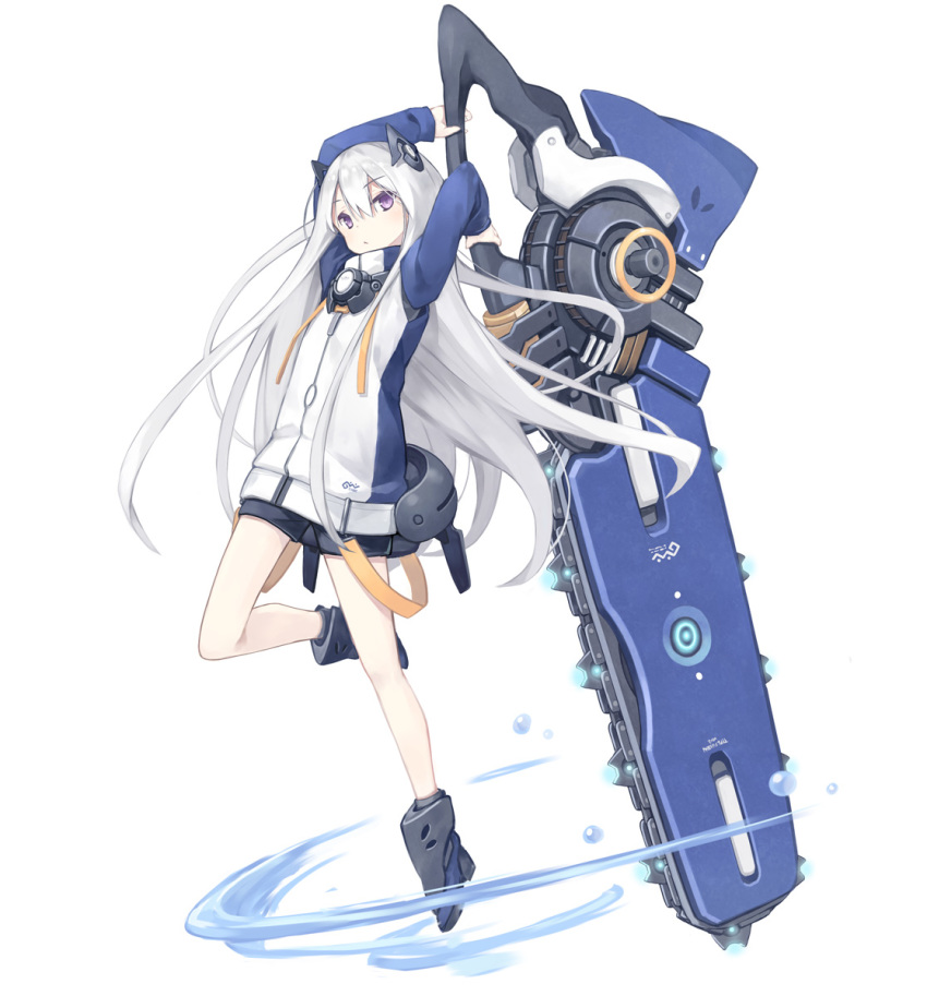 arms_up bangs black_shorts blue_footwear blush boots chainsaw closed_mouth commentary_request eyebrows_visible_through_hair hair_between_eyes headgear highres holding holding_weapon huge_weapon jacket long_hair long_sleeves original poco_(asahi_age) purple_eyes short_shorts shorts silver_hair simple_background solo standing standing_on_one_leg very_long_hair water weapon white_background white_jacket