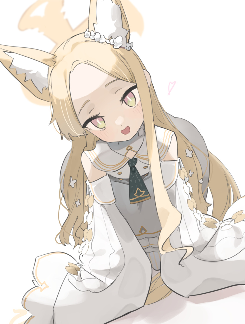 1girl :d absurdres ainkun all_fours animal_ears blonde_hair blue_archive bow detached_sleeves forehead fox_ears fox_girl green_eyes halo heart highres long_hair long_sleeves looking_at_viewer necktie open_mouth pantyhose pink_eyes seia_(blue_archive) simple_background sleeves_past_fingers sleeves_past_wrists smile solo striped_clothes striped_pantyhose vertical-striped_clothes vertical-striped_pantyhose white_background white_bow white_sleeves yellow_bow yellow_halo
