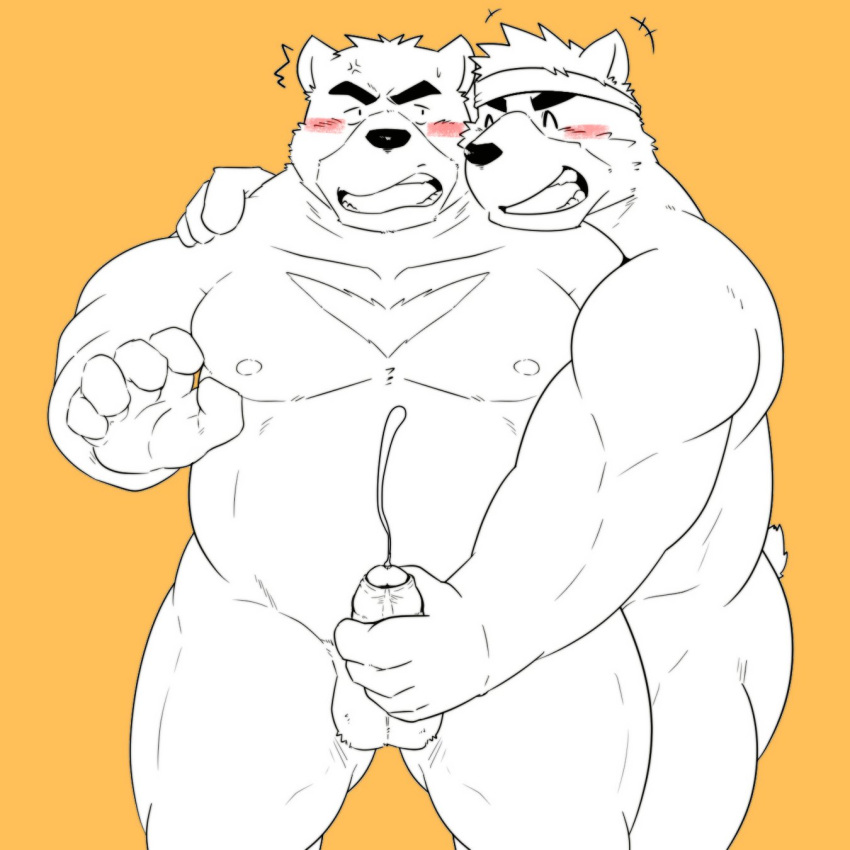 balls bear blush brothers butt cum goujuyu incest juuichi_mikazuki kenji_mikazuki male male/male mammal morenatsu musclegut muscular nipples partially_retracted_foreskin pecs penis reach_around sibling smile surprise twins uncut