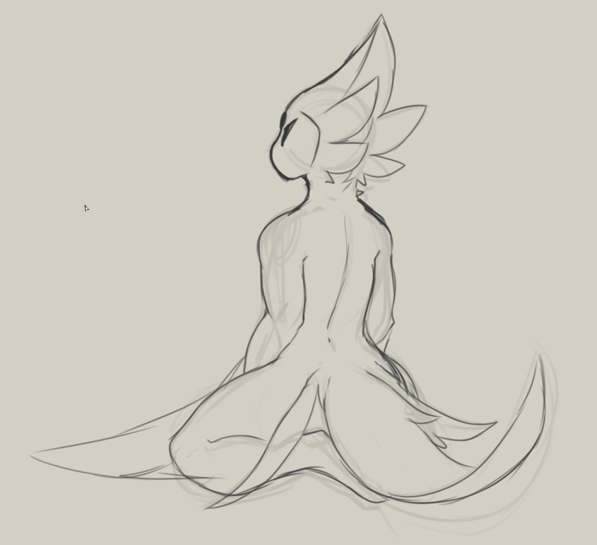 anthro avian black_and_grey eyebrows eyes_closed feather_hair feathers full-length_portrait grey_background hair kneeling laefa_padlo line_art male nude portrait qualzar rear_view scorchen short_hair simple_background sketch solo tail_feathers wide_hips winged_arms wings