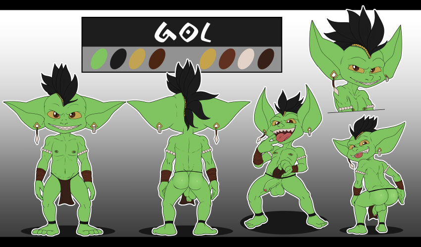 2017 balls butt clothing ear_piercing goblin gol_the_goblin green_skin humanoid jerseydevil jewelry loincloth male model_sheet mohawk naughty_face nipple_piercing nipples penis piercing sharp_teeth smile spanking teeth tongue tongue_out uncut yellow_eyes