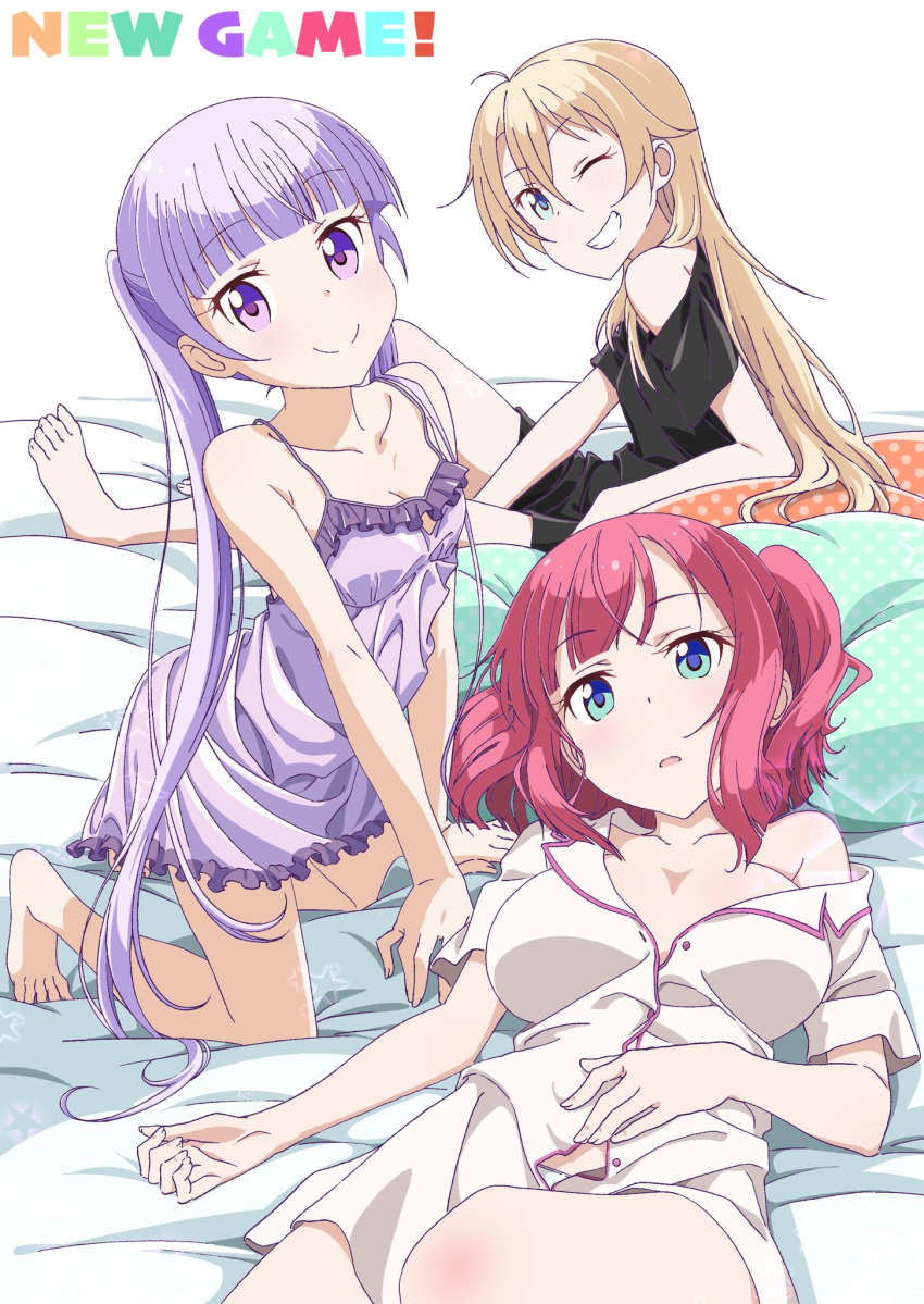 bangs bed_sheet between_legs black_shirt blonde_hair blue_eyes blunt_bangs breasts cleavage collarbone copyright_name eyebrows_visible_through_hair frilled_nightgown grin hair_between_eyes hand_between_legs highres kneeling long_hair looking_at_viewer lying medium_breasts mochizuki_momiji multiple_girls new_game! nightgown off_shoulder on_back one_eye_closed open_clothes open_shirt pillow pink_x polka_dot_pillow purple_eyes purple_hair purple_nightgown red_hair shirt short_hair short_sleeves sitting small_breasts smile suzukaze_aoba twintails very_long_hair white_background white_shirt yagami_kou