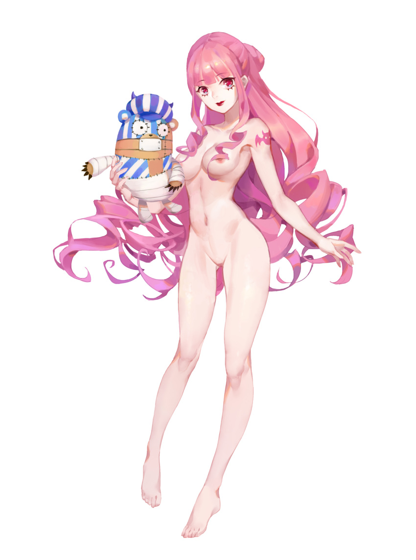 areolae bandages bangs bare_shoulders barefoot blunt_bangs breasts collarbone dywx_poison floating_hair hair_censor hair_over_breasts highres holding kumacy lipstick long_hair looking_at_viewer makeup medium_breasts navel no_pussy nude one_piece perona pink_hair red_eyes red_lips simple_background solo stuffed_animal stuffed_toy teddy_bear very_long_hair white_background