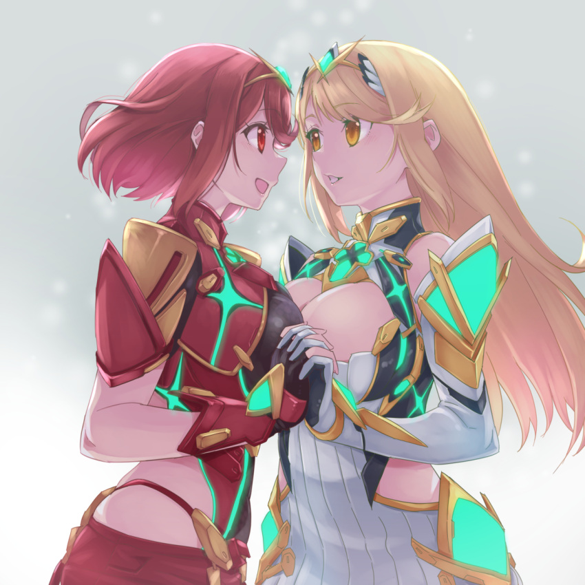 2girls blonde_hair breasts highres hip_vent large_breasts long_hair multiple_girls mythra_(xenoblade) pyra_(xenoblade) red_eyes red_hair short_hair xenoblade_chronicles_(series) xenoblade_chronicles_2 yazwo yellow_eyes