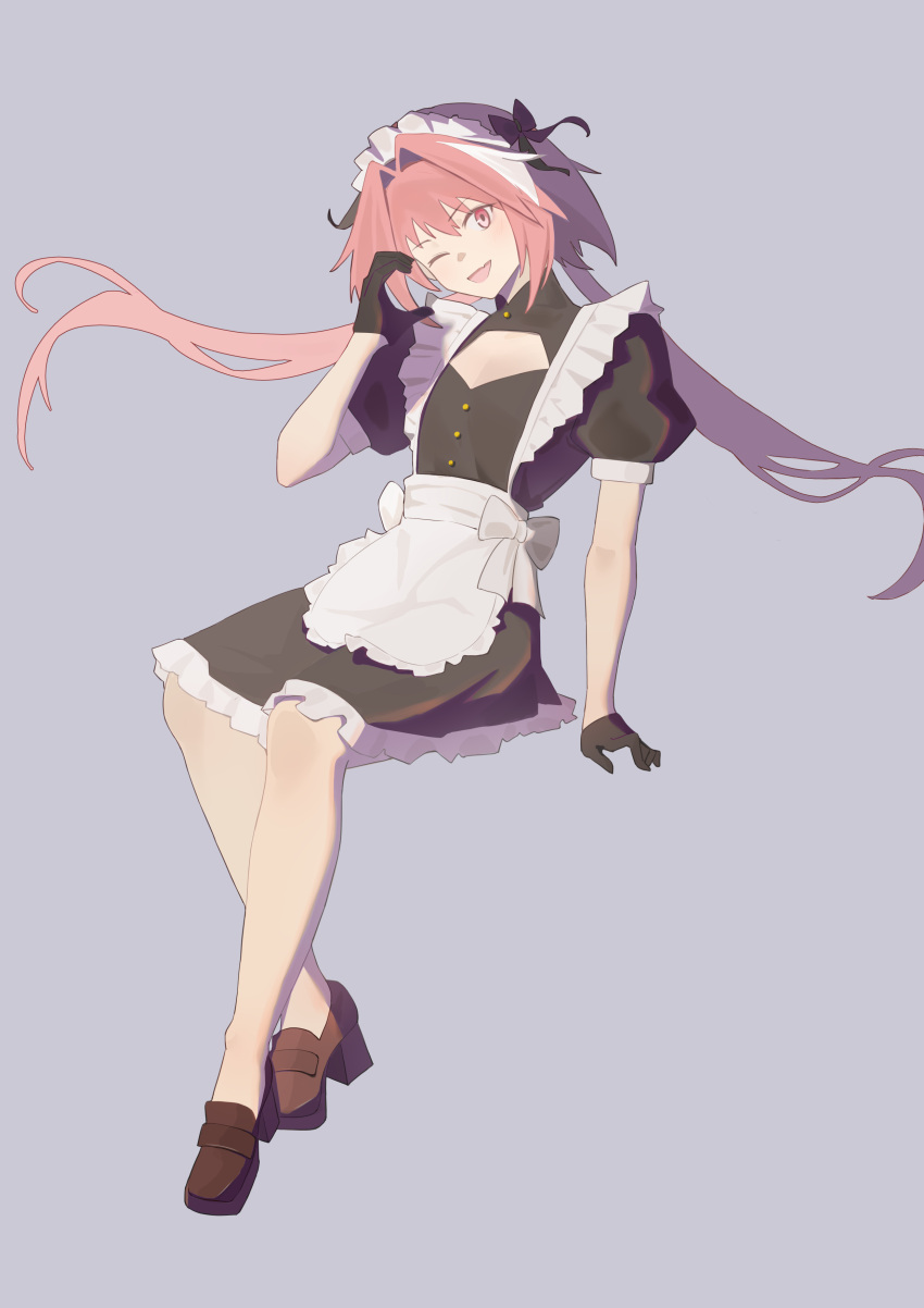 1boy absurdres alternate_costume apron astolfo_(fate) astolfo_(saber)_(fate) black_gloves block_heels bow brown_shoes buttons cleavage_cutout clothing_cutout crossdressing dress fate/apocrypha fate/grand_order fate_(series) frilled_dress frills full_body gloves grey_background hair_bow half-heart_hands highres invisible_chair just_we maid maid_apron maid_headdress male_focus male_maid one_eye_closed pink_eyes pink_hair shoes simple_background sitting solo trap twintails