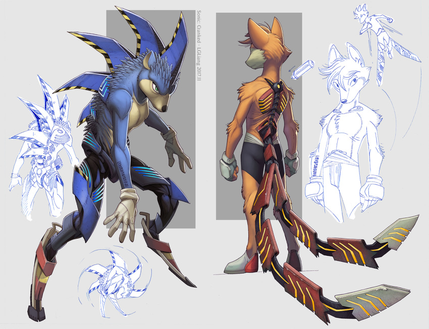 2017 alternate_universe anthro barcode blue_fur canine claws clothed clothing concept_art cybernetics cyborg fox fur green_eyes grimdark hedgehog looking_at_viewer loupgarou machine male mammal miles_prower multi_tail nude orange_fur shorts simple_background sonic_(series) sonic_the_hedgehog topless