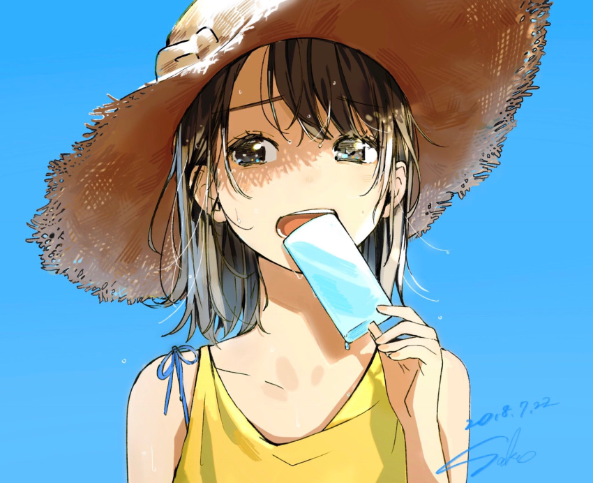artist_name bangs blue_background brown_eyes brown_hair commentary_request dated eating eyebrows_visible_through_hair food hat highres holding holding_food looking_at_viewer medium_hair open_mouth original popsicle portrait sako_(user_ndpz5754) shirt signature simple_background sleeveless sleeveless_shirt solo straw_hat sweat teeth wet wet_hair