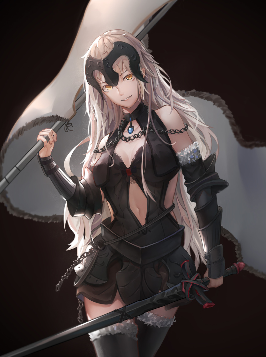 1girl ahoge armor armored_dress avenger bangs banner bare_shoulders black_background black_dress breasts center_opening chains commentary_request dress eyebrows_visible_through_hair fate/grand_order fate_(series) faulds flag fur_trim gauntlets hair_between_eyes headpiece highres jeanne_d'arc_(alter)_(fate) jeanne_d'arc_(fate)_(all) long_hair milu_(pixiv8523021) navel silver_hair sword thighhighs tsurime weapon yellow_eyes