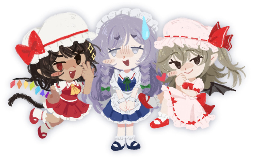 3girls apron bat_wings blue_eyes bow brown_eyes brown_hair cat_tail comedic_sweatdrop commentary cosplay dark-skinned_female dark_skin english_commentary flandre_scarlet flandre_scarlet_(cosplay) grey_eyes grey_hair hand_up hat hat_bow heterochromia highres izayoi_sakuya izayoi_sakuya_(cosplay) maid maid_headdress mob_cap multiple_girls original pink_hat pink_skirt pointy_ears red_eyes red_skirt remilia_scarlet remilia_scarlet_(cosplay) saccharhythm skirt skirt_set socks sweatdrop tail touhou w waist_apron white_hat white_socks wings wrist_cuffs