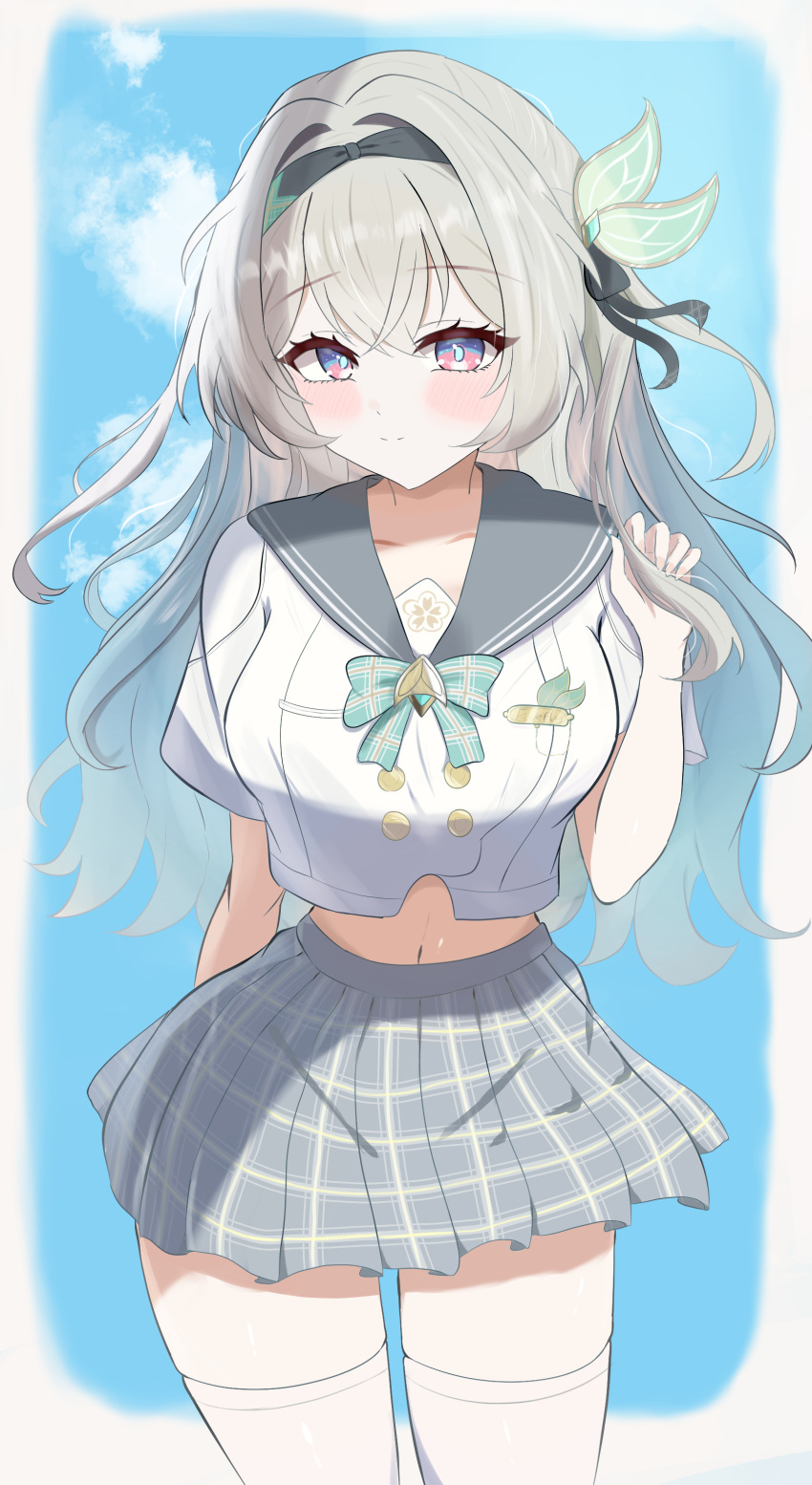 1girl absurdres black_hairband blush buttons cowboy_shot double-breasted firefly_(honkai:_star_rail) firefly_(spring_missive)_(honkai:_star_rail) grey_hair grey_sailor_collar grey_skirt hairband highres honkai:_star_rail honkai_(series) long_hair long_sleeves midriff navel nuuuukoame official_alternate_costume plaid_clothes plaid_skirt pleated_skirt purple_eyes sailor_collar shirt skirt smile solo thighhighs white_shirt white_thighhighs zettai_ryouiki
