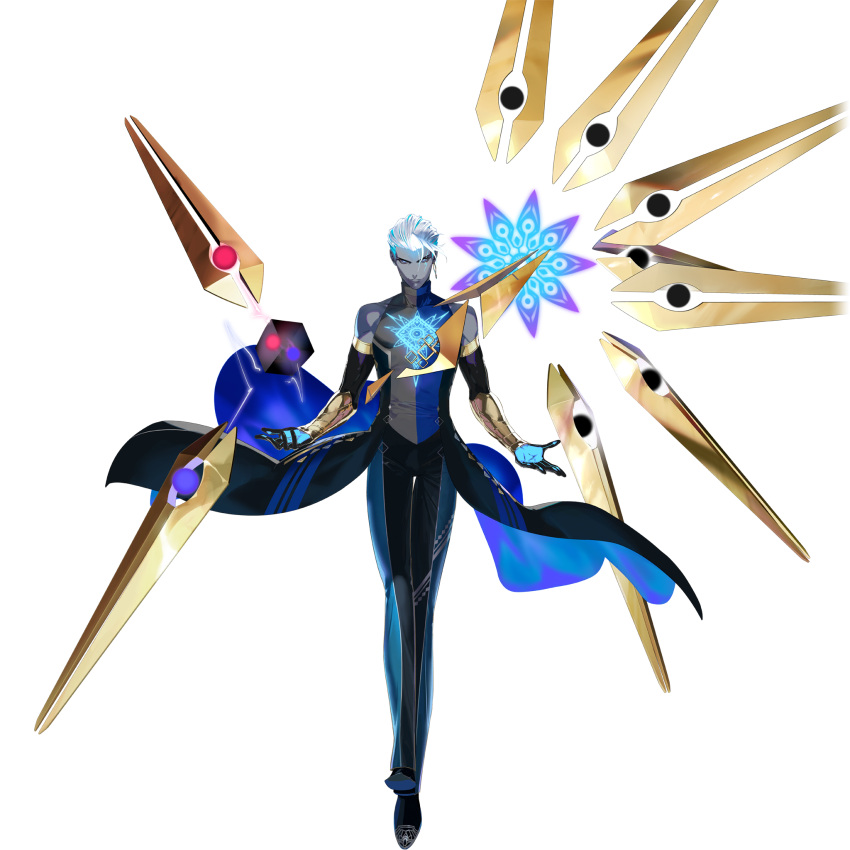 1boy armor blue_eyes blue_hair bracer colored_skin dark-skinned_male dark_skin earrings elbow_gloves fate/grand_order fate_(series) floating floating_object floating_weapon full_body game_cg gloves grey_skin hair_slicked_back highres indian_clothes indra_(fate) jewelry lightning_bolt_facial_mark looking_at_viewer male_focus multicolored_hair official_art pako_(pakosun) pants shoes short_hair smile solo standing streaked_hair tachi-e third-party_source transparent_background white_hair