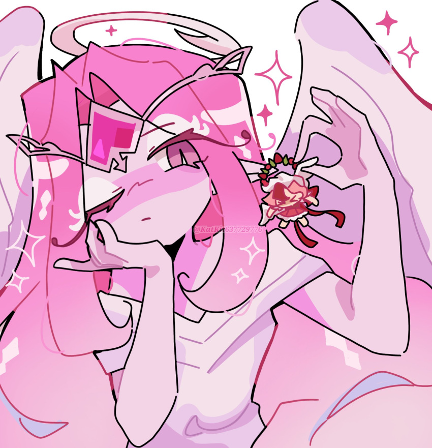 1boy 1girl angel angel_wings breasts colored_skin cookie_run cookie_run:_kingdom demon_girl dress eternal_sugar_cookie eyes_on_wings gold_wheat halo highres holding holding_instrument holding_lyre humanization instrument katkit637729776 long_hair looking_at_viewer lyre pavlova_cookie pink_eyes pink_hair pink_skin very_long_hair white_eyeshadow wings